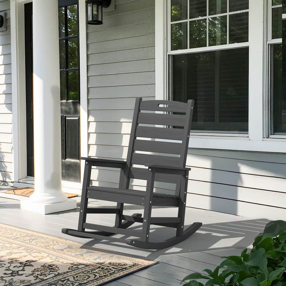 JEAREY Gray HDPE Plastic Outdoor Patio Rocking Chair with Footrest ...