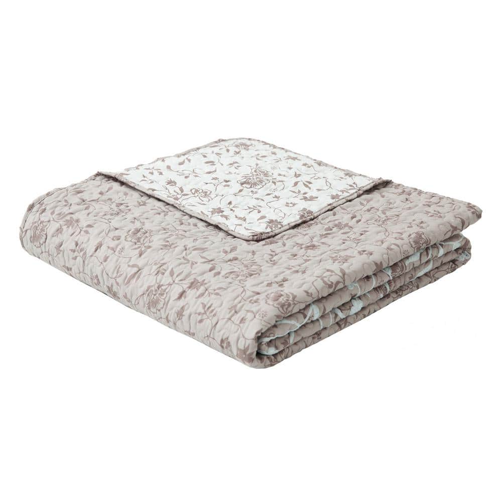 White and Tan Floral Vine Reversible Microfiber Twin Quilt Set