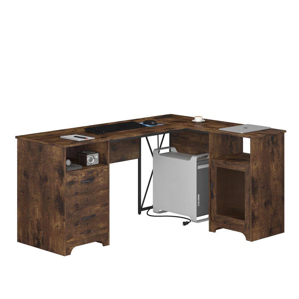 63" L Shaped Rustic Brown Corner Desk with Sunlight Door and Power Hub, Computer Desk with Storage Drawers & Open Shelf