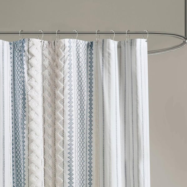 Imani 72 in. W x 72 in. L Cotton White/Navy Shower Curtain