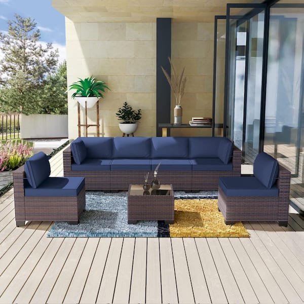 Halmuz 7-Piece Wicker Outdoor Sectional Set with Cushion Navy