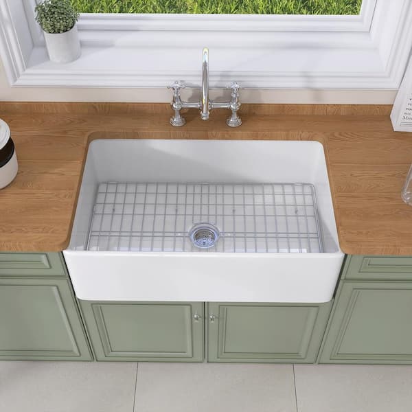 NTQ 36 in. Apron-Front Kitchen Sinks White Single Bowl Drop In Sink Fireclay Kitchen Sink with Bottom Grid Farmhouse Sink