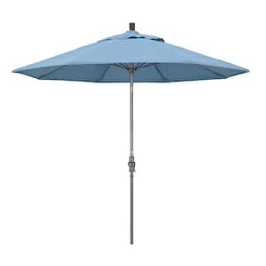 9 ft. Hammertone Grey Aluminum Market Patio Umbrella with Collar Tilt Crank Lift in Air Blue Sunbrella