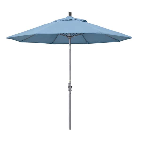 California Umbrella 9 ft. Hammertone Grey Aluminum Market Patio Umbrella with Collar Tilt Crank Lift in Air Blue Sunbrella