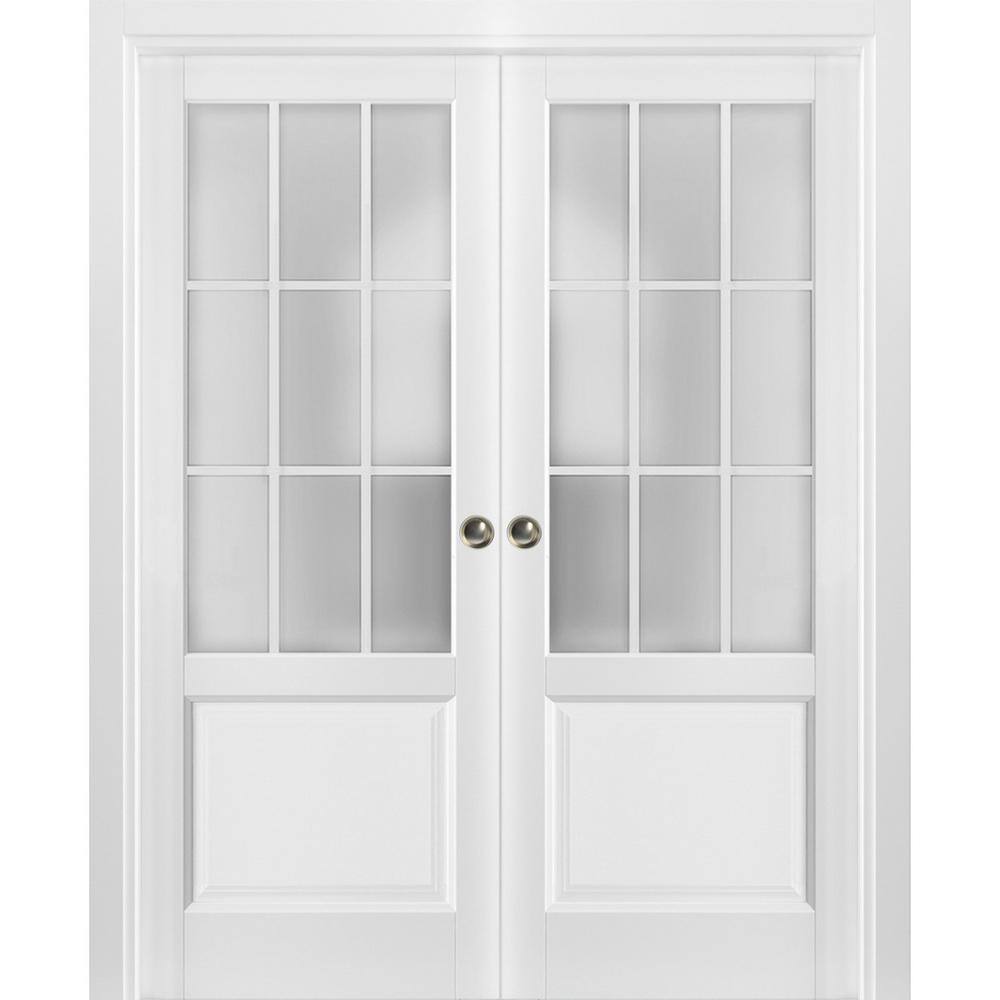 Matte White 64" x 80" French Double Pocket Doors with Frosted Glass