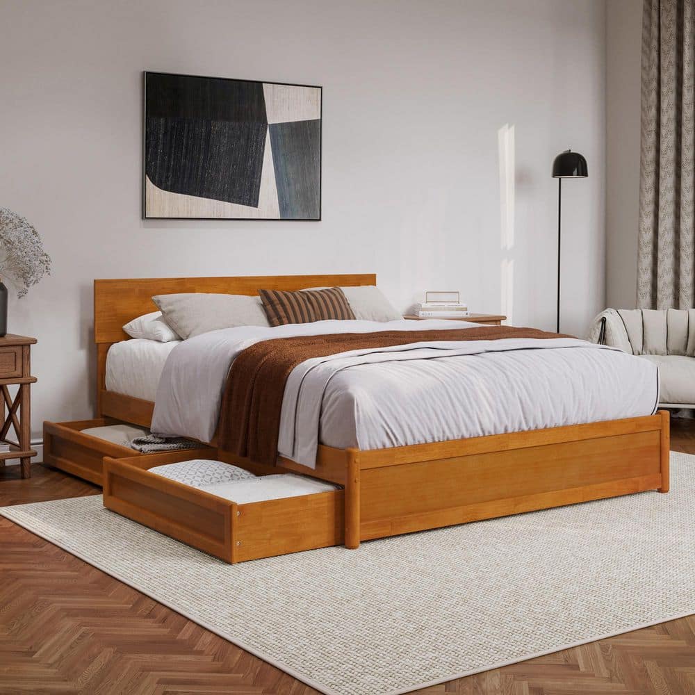 Wesley Walnut Brown Solid Wood Frame King Platform Bed with Panel Footboard and Storage Drawers