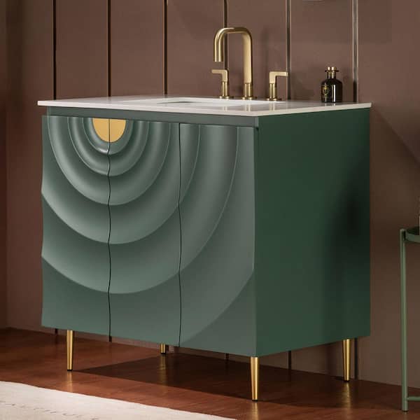 35.88 in. W x 22 in. D Single Sink Freestanding Bath Vanity in Green with White Engineered stone Vanity Top