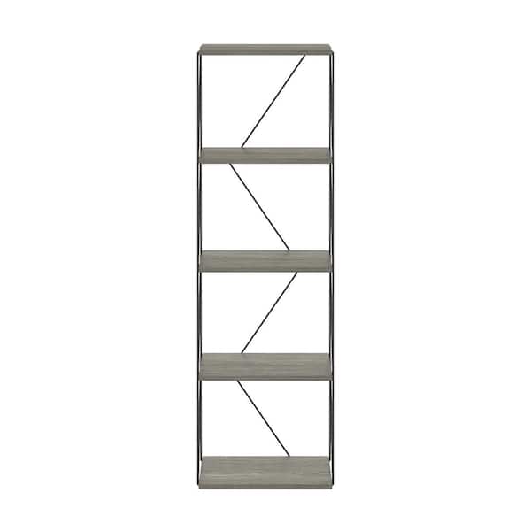 Furinno Besi 51.89 in. Tall French Oak Grey Wood 5-Shelf Bookcase with Metal Frame