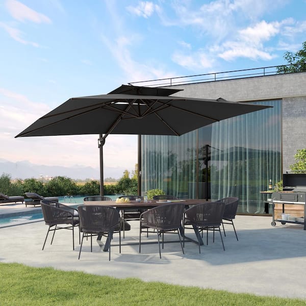11.5 ft. x 9 ft. Dual Top Outdoor 360° Rotation Tilt Aluminum Cantilever Patio Umbrella in Black with Stand Weights