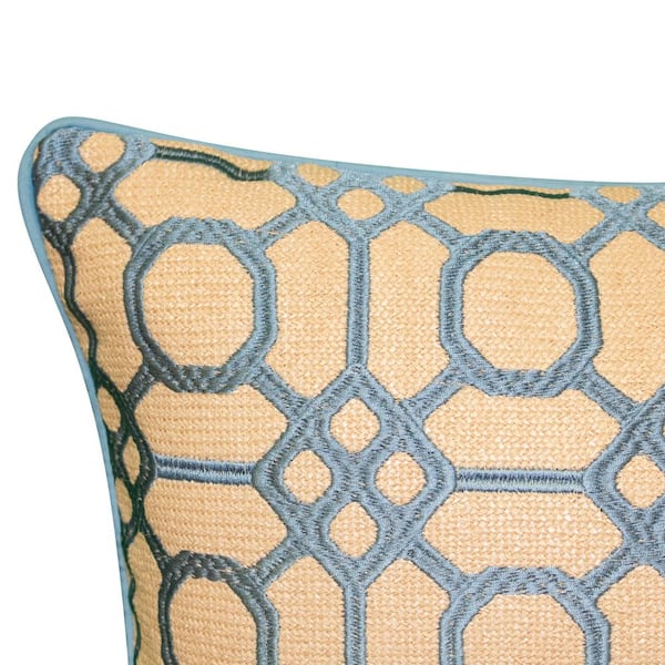 Edie@Home Indoor and Outdoor Light Blue Raffia Geometric Embroidery Lumbar 13 in. x 21 in. Decorative-Pillow