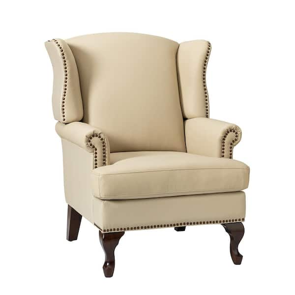 JAYDEN CREATION Johannes Beige Genuine Leather Armchair with Nailhead ...