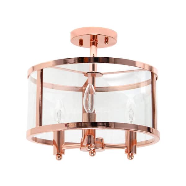 Lalia Home 13 in. Rose Gold 3-Light Semi Flushmount Industrial Farmhouse Glass and Metallic Accented
