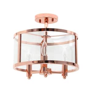 13 in. Rose Gold 3-Light Semi Flushmount Industrial Farmhouse Glass and Metallic Accented