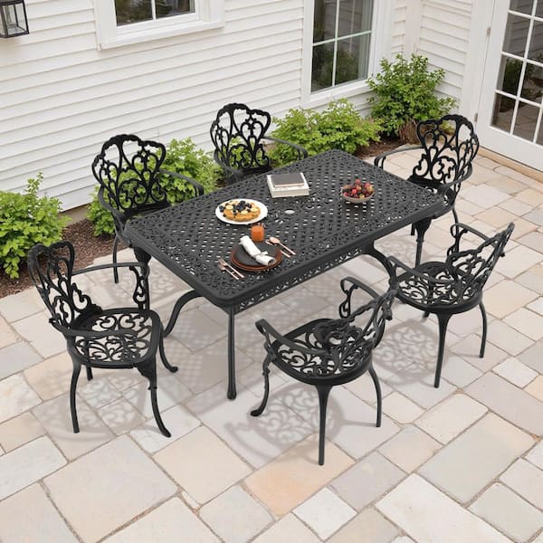 7-Piece Black Cast Aluminum Outdoor Dining Set with Off-White Cushions