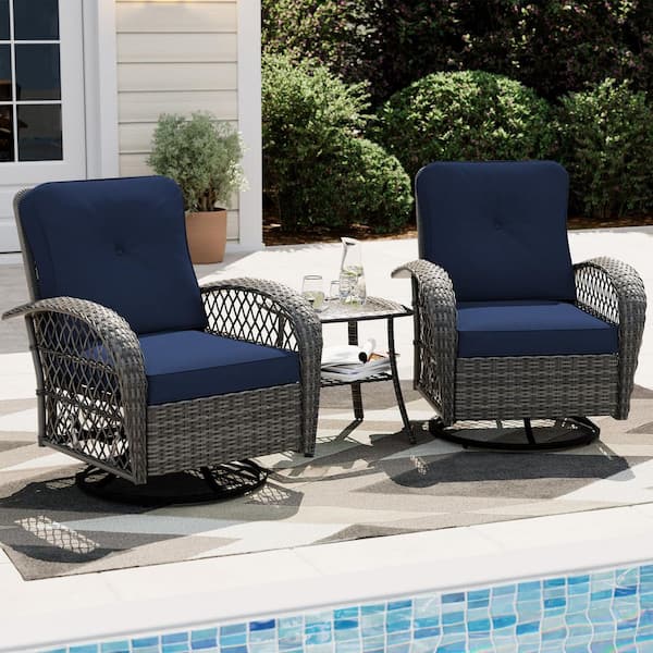 3-Piece Gray Wicker Outdoor Rocking Chair with Navy Blue Cushion and Side Table