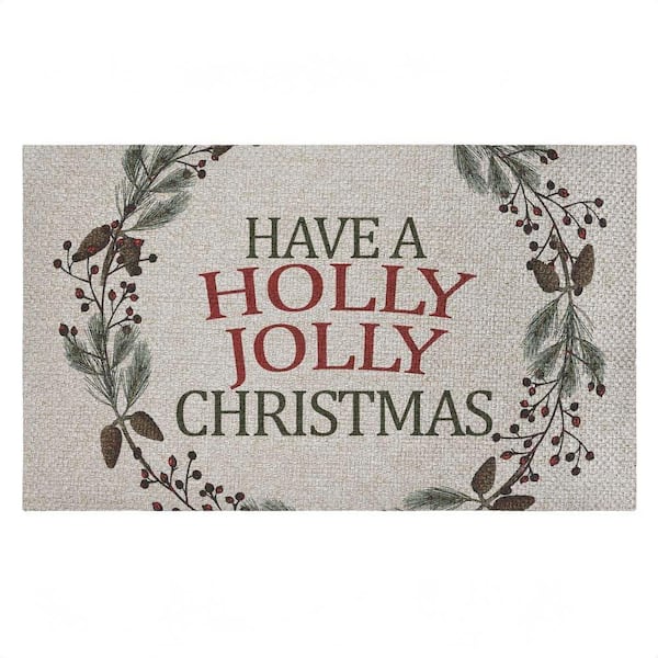 Holly Jolly Christmas Sentiment White 18 in. x 30 in. Polyester Non-Slip Outdoor Door Mat