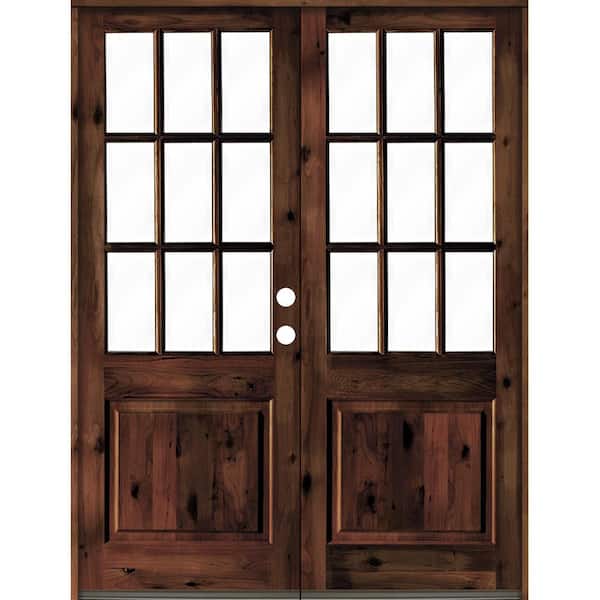 Krosswood Doors 72 in. x 96 in. Craftsman Knotty Alder Wood Clear 9-Lite Red Mahogony Stain Left Active Double Prehung Front Door