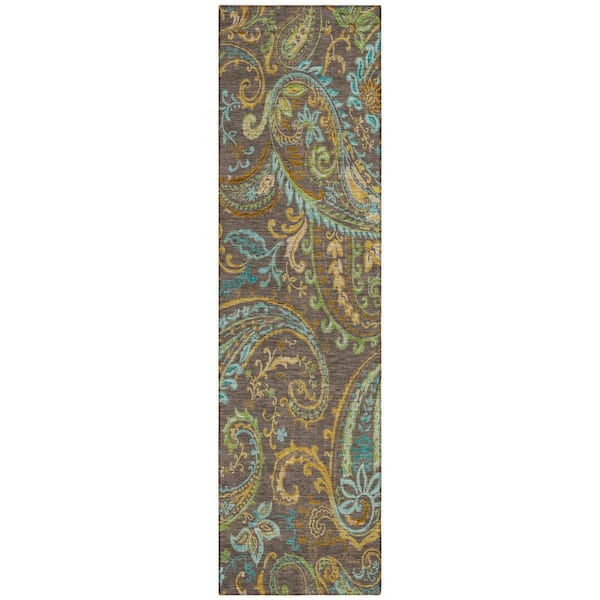 Brown, Aqua, Gold 2 ft. x 8 ft. Woven Paisley Polyester Runner Indoor / Outdoor Area Rug