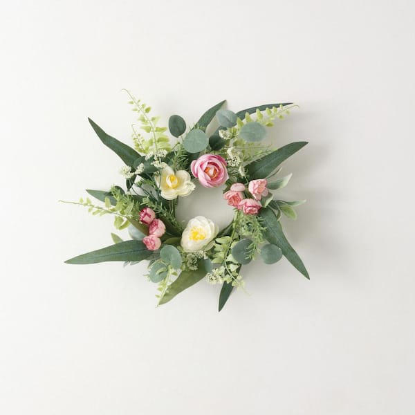 SULLIVANS 14.5 in. Artificial Ranunculus Mini Blossom Mini Wreath, Pink