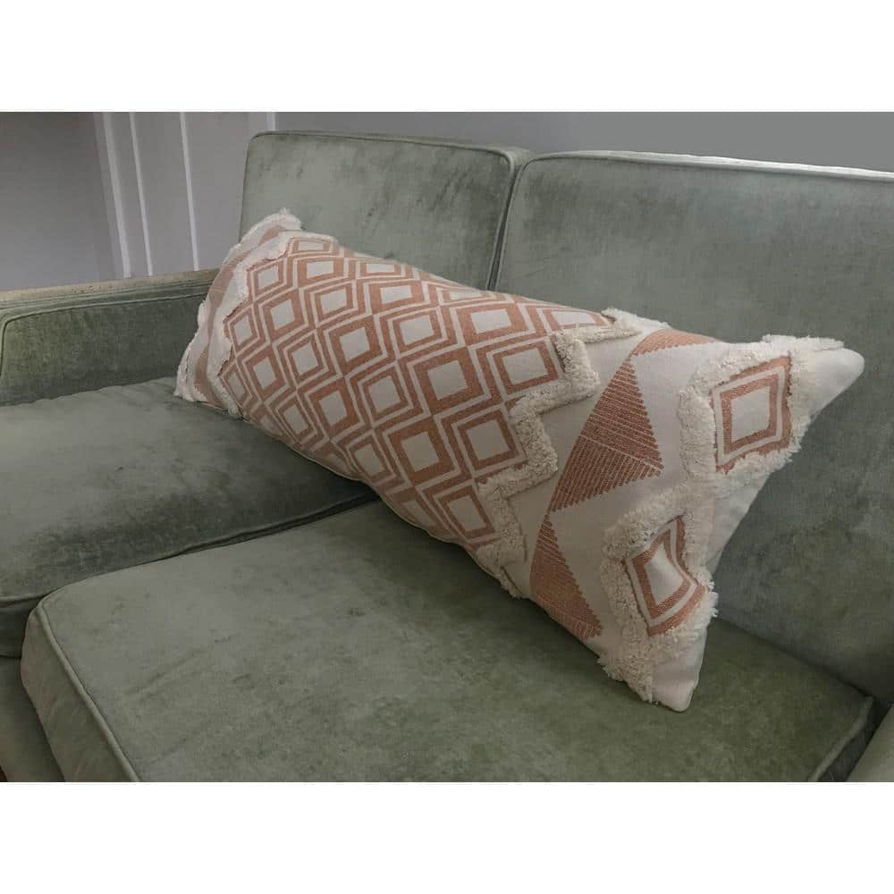 Burnt Orange and Cream Tufted Cotton Rectangle Throw Pillow
