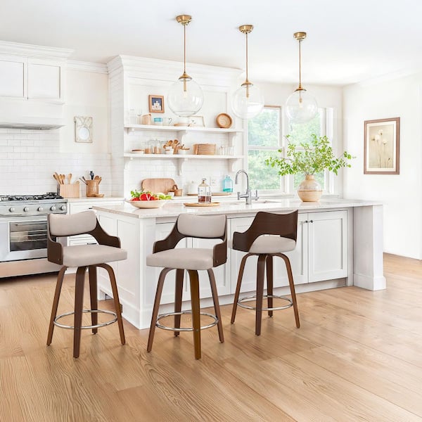 Gaspa 26 in. Tan Premium Faux Leather Swivel Bar Stool with Solid Walnut Wood Frame and Open Back Support Set of 3