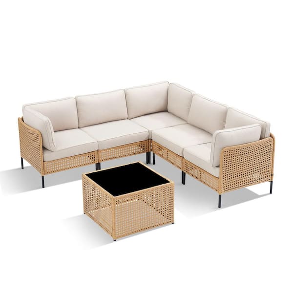 6-Piece Yellow Wicker Outdoor Sectional Set, Freely Combined Chair Set with Beige Cushions