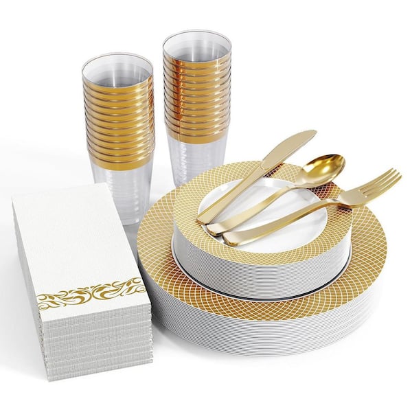 Adrinfly Gold Disposable Plastic Dinnerware Set for 25-Guests (175-Pieces)