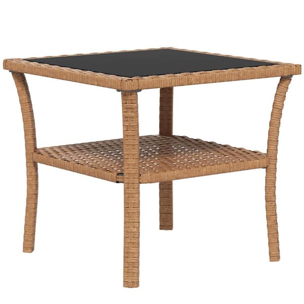 AFAIF Outdoor Side Table with Storage Shelf, Aluminum Frame Square, Coffee Table with Tempered Glass Top, Sand