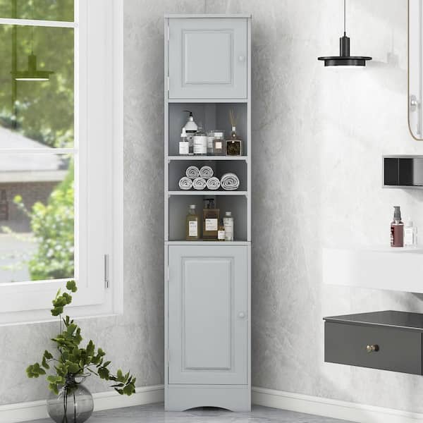 14.6 in. W x 9.4 in. D x 66.9 in. H Gray Triangle Tall Storage Linen Cabinet with 2 Doors and Adjustable Shelves