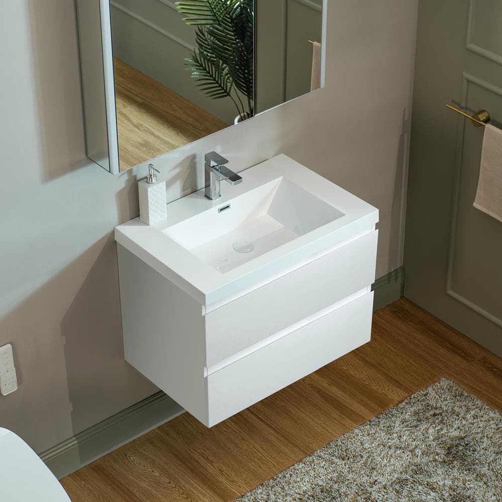 White Composite Floating Vanity with Resin Top and Porcelain Sink