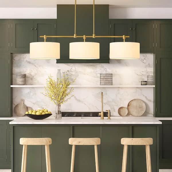 Charvic 3-Light Modern Farmhouse Gold Linear Drum Fabric Pendant Light /Kitchen Island Lights with Fabric Shade