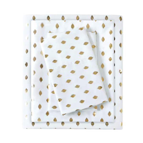Intelligent Design Metallic Dot 3-Piece White/Gold Microfiber Twin XL Printed Sheet Set