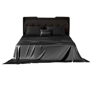 4-Piece Black Full Luxury Cooling Bed Sheets Rayon from Bamboo, Soft and Breathable Hotel Sheet Sets