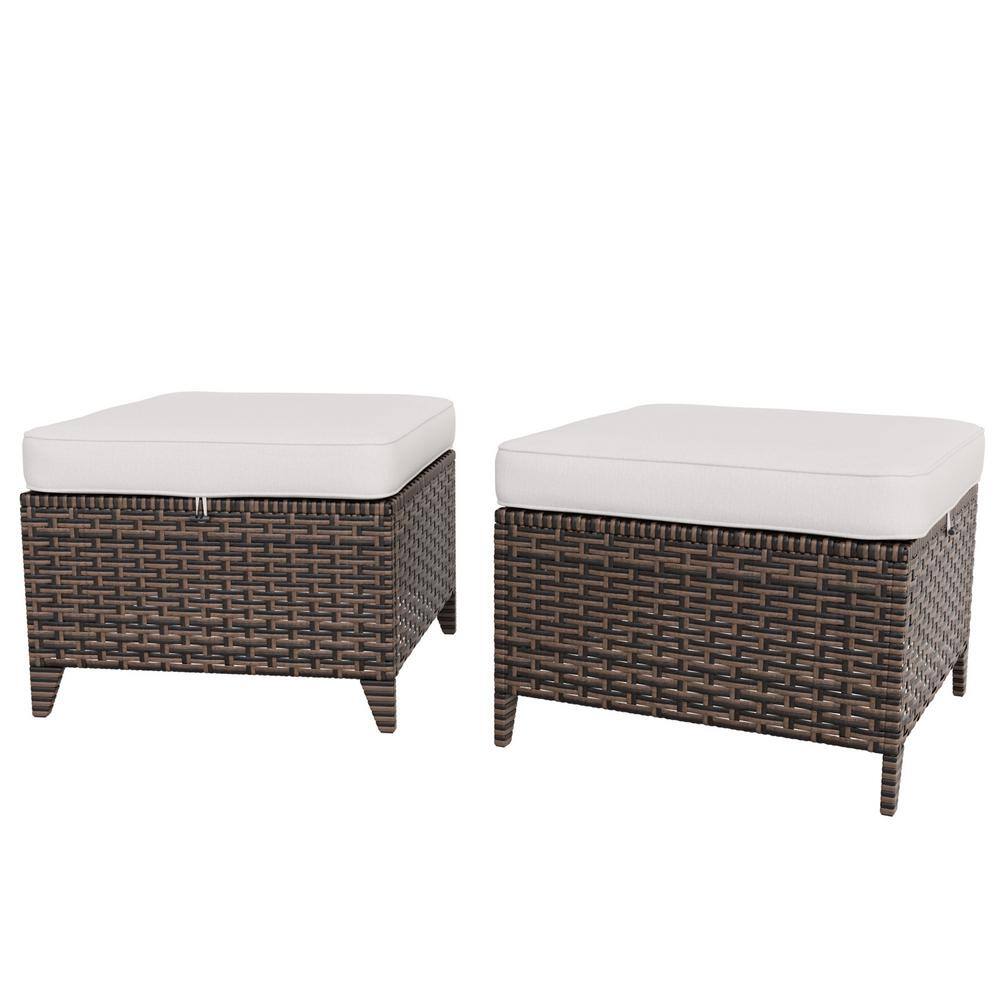 Brown Wicker Outdoor Patio Ottoman with Beige Cushions (Set of 2)