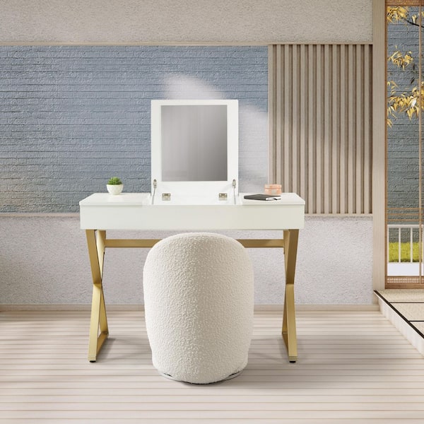 Cream And Gold Dressing Table Chair Vanity Desk Chair Set, Wood Makeup Table With Large Drawers Cream And Gold Dressing Table Chair Vanity Desk Chair Set, Wood Makeup Table With Large Drawers