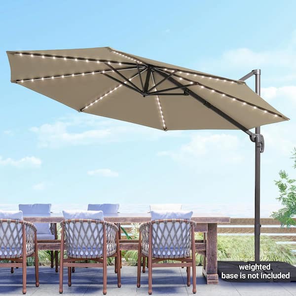 Sonkuki 10 ft. Round Solar LED 360-Degree Rotation Cantilever Offset Outdoor Patio Umbrella in Beige