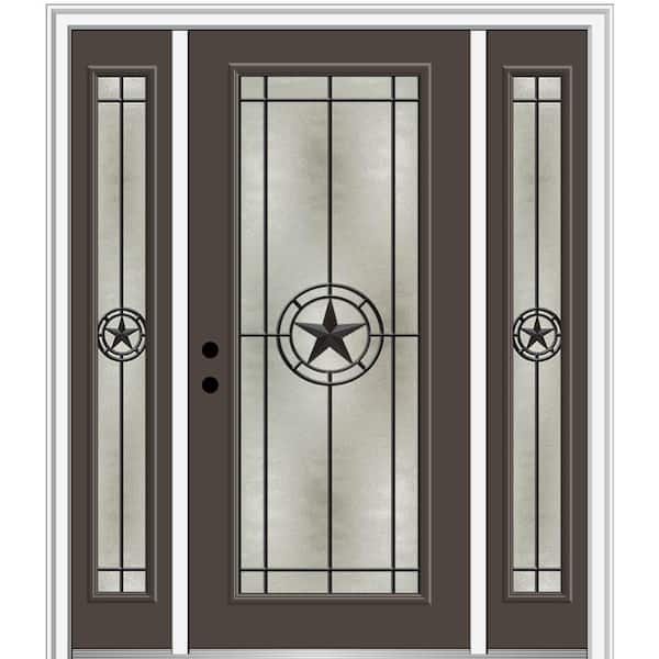 MMI Door Elegant Star 68.5 in. x 81.75 in. Full Lite Decorative Glass Brown Painted Fiberglass Prehung Front Door