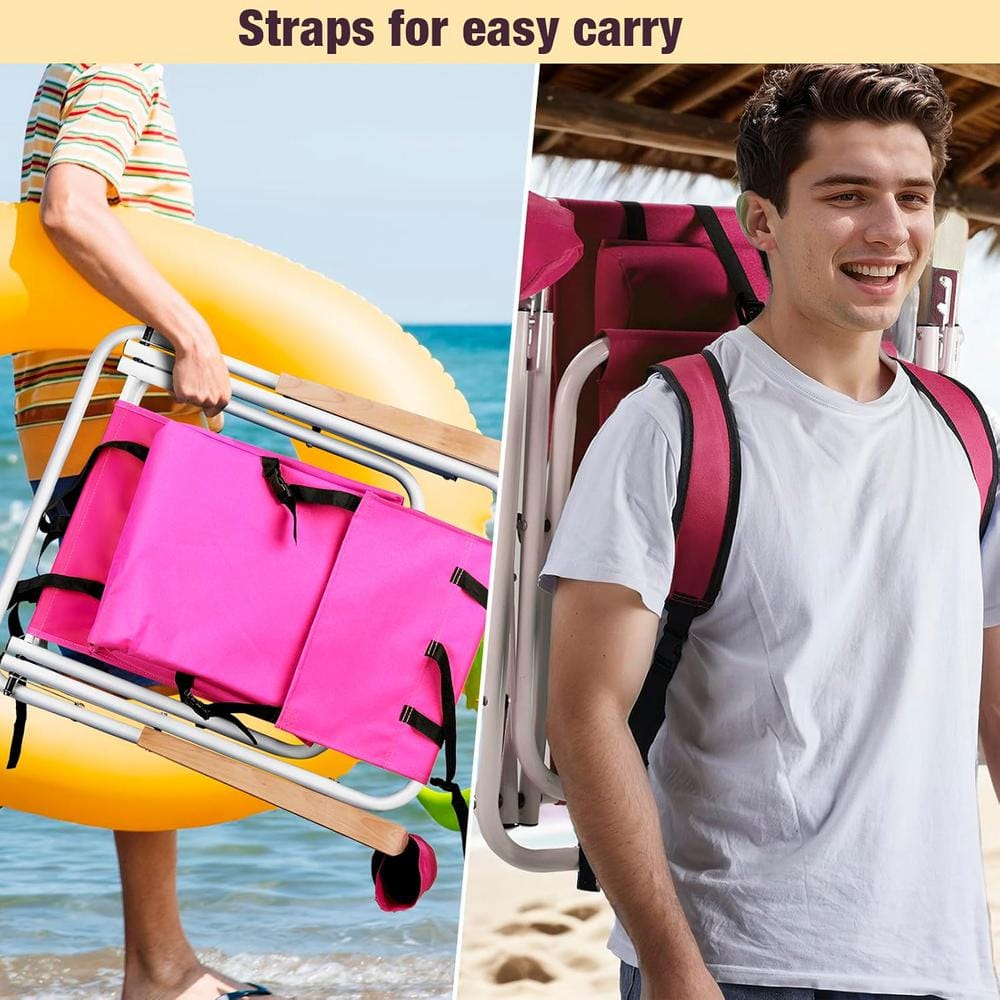 Pink Stainless Steel 4-Position Folding Beach Armchair Set