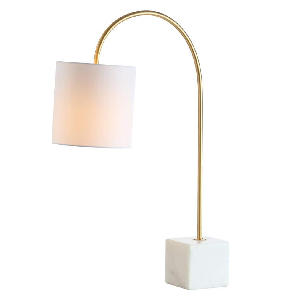 White Marble and Brass Arc Table Lamp with Cotton Shade