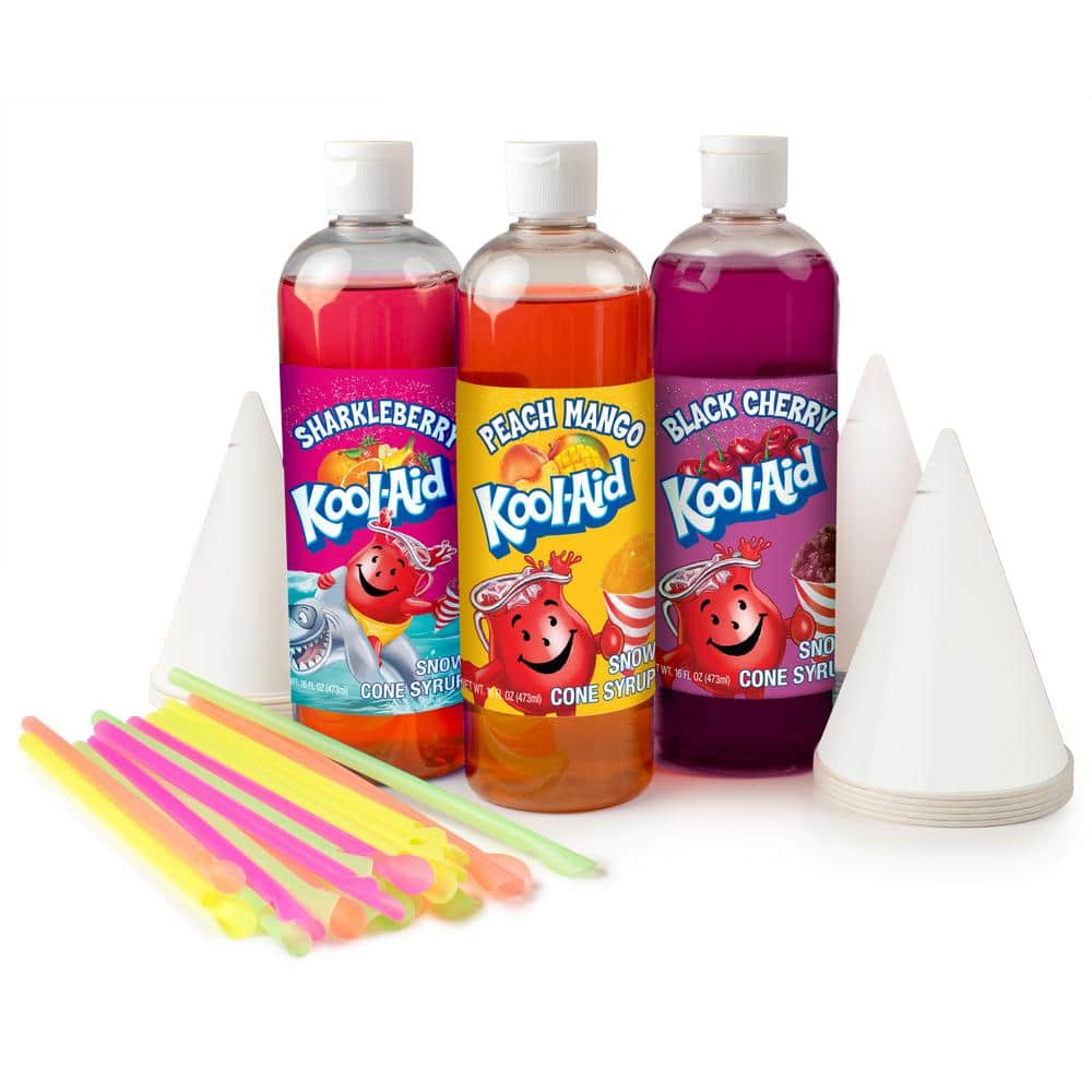 KOOL-AID 16 oz. Black Cherry, Sharkleberry, and Peach Mango Snow Cone Candy Syrup Kit