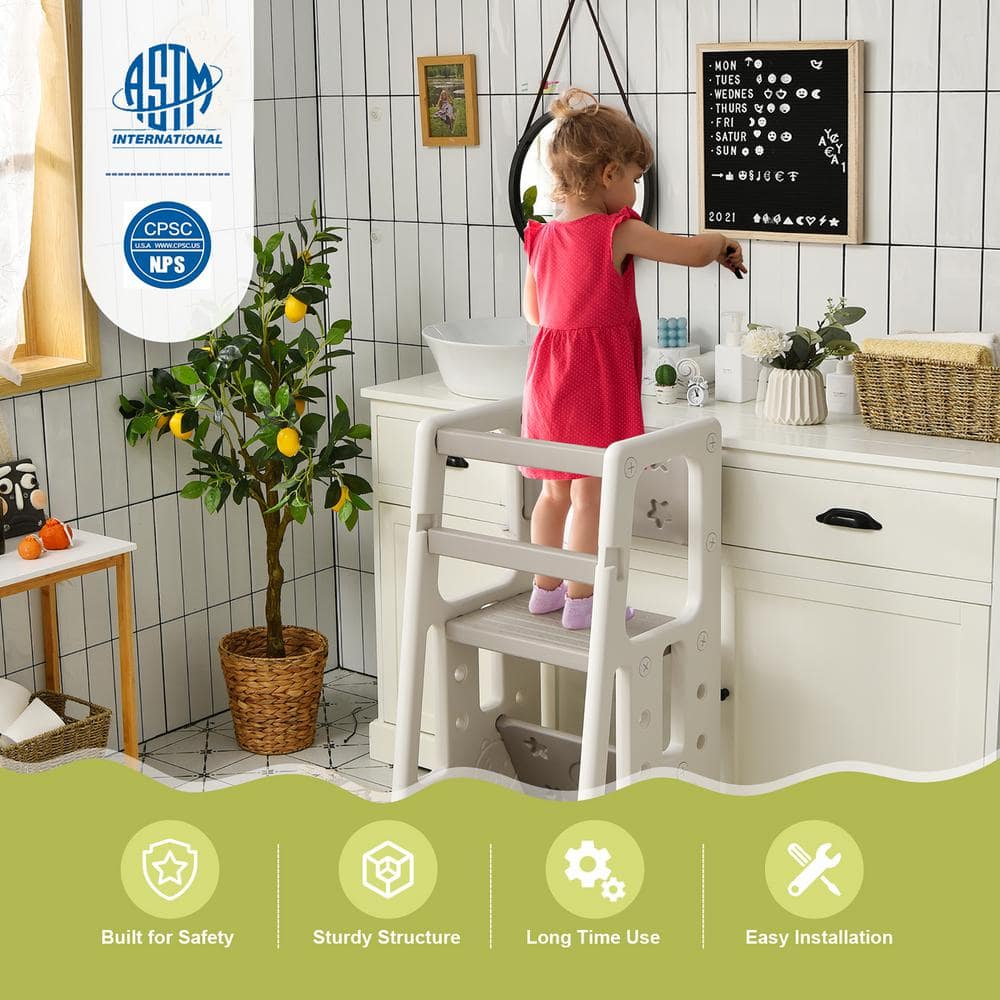 Adjustable Gray Toddler Kitchen Helper Step Stool with Safety Rails