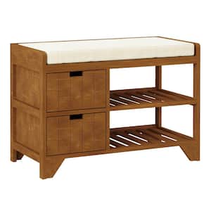 Compact Rustic Padded Wooden Shoe Storage Bench Organizer with Drawers