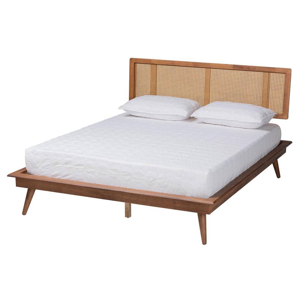 Walnut Brown Wood and Rattan King Size 3-Piece Bedroom Set