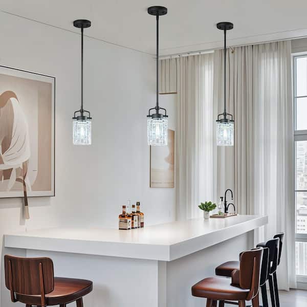 Home Lighting 60W 1-Light Black Metal Suspension Pole Pendant Light With Pressed Glass Design for Kitchen JP-4129-1Pack