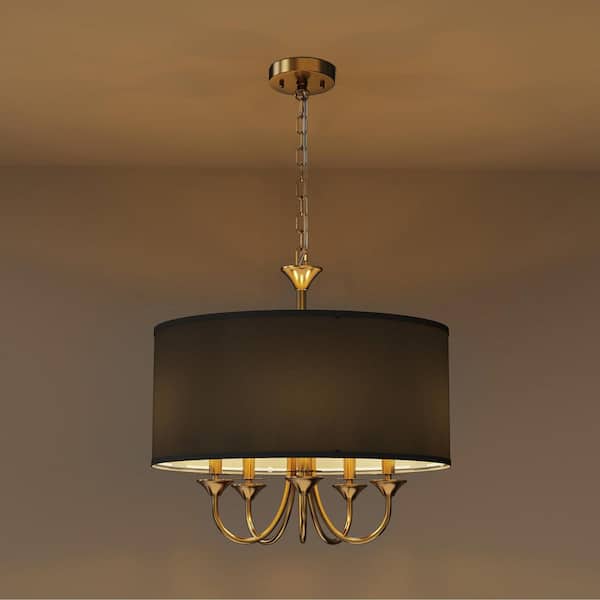 20 in. 5-Light Gold Candle Style Empire Chandelier with Black Fabric Shade for Living Room