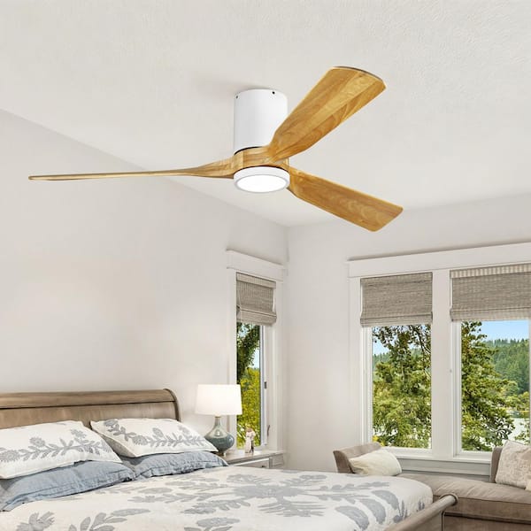 52 in. Indoor White Hugger Flush mount Ceiling Fan with Solid Wood Blades and Full Spectrum Light and Remote Control