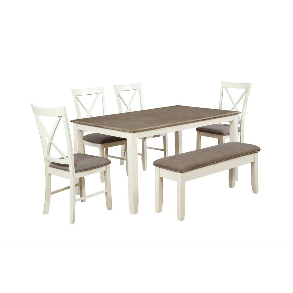 Rustic Taupe and Vanilla White 6-Piece Dining Set with Storage Bench