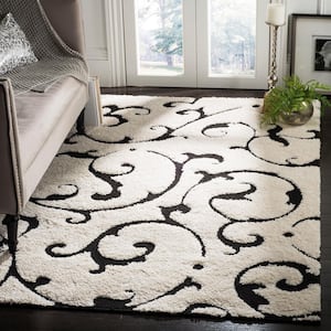 Florida Shag Ivory/Black Doormat 3 ft. x 5 ft. Floral Area Rug