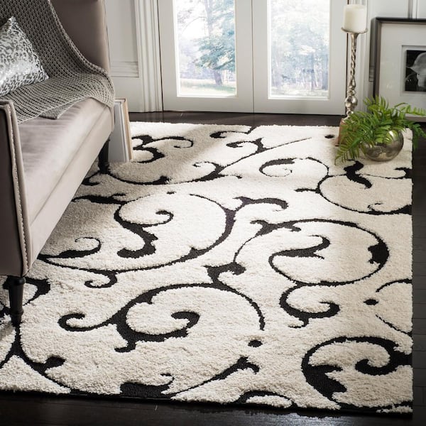 Florida Shag Ivory/Black 8 ft. x 10 ft. Floral Area Rug