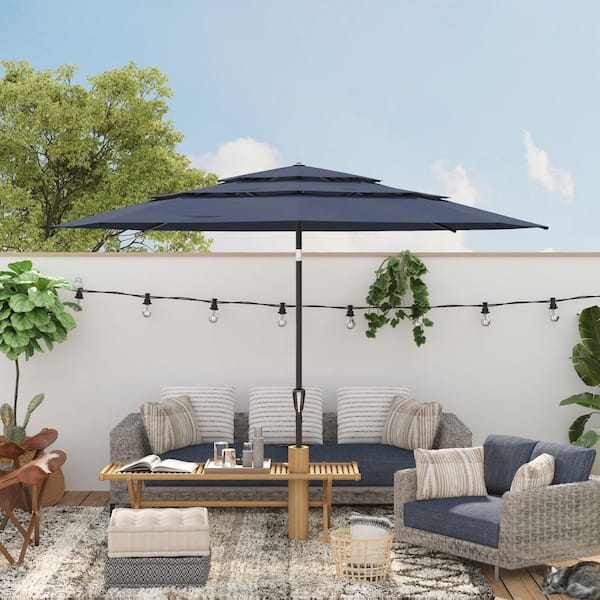 FUFU&GAGA 11 ft. Outdoor Cantilever Umbrella with 3-Tier Canopy, Patio Umbrella with 8 Heavy-Duty Ribs & Crank Tilt in Navy Blue